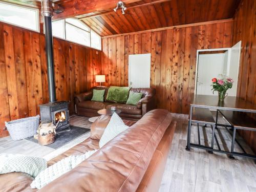 a living room with a couch and a fireplace at Chalet 2 in Machynlleth