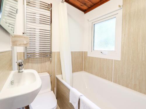 a bathroom with a toilet and a sink and a bath tub at Chalet 2 in Machynlleth