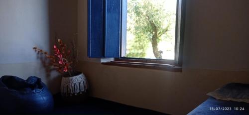 a bedroom with a blue window and a vase with flowers at Bonserá do Madeira in Lavras