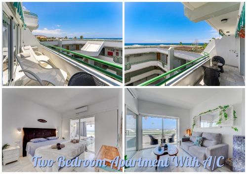 uma colagem de quatro fotos de um apartamento de quarto com a praia em Apartment in complex Altamira with direct ocean view em Adeje