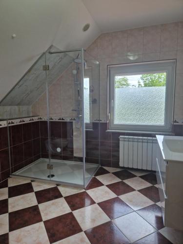baño grande con ducha y ventana en Green House Apartment, en Pivka