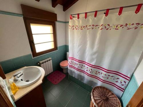 La salle de bains est pourvue d'un lavabo et d'un rideau de douche. dans l'établissement Espectacular Casona Montañesa, à Ibio
