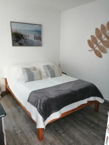- une chambre avec un grand lit et une couverture noire dans l'établissement JOLIE APPARTEMENT A LOUER DANS LA PINEDE A 5MN A PIED DE LA PLAGE, à Argelès-sur-Mer