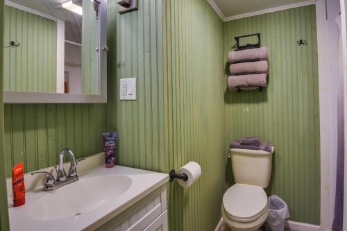 zieloną łazienkę z toaletą i umywalką w obiekcie Brantingham Cabin with Porch and Grill On 5 Acres! w mieście Glenfield