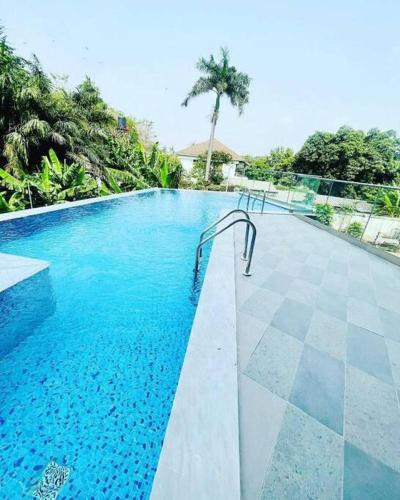a swimming pool with blue water and a palm tree at Luxury Cantonments Suite in Accra