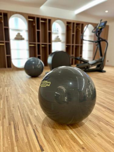 a gym with a large exercise ball on a wooden floor at Ermitage de l'Oasis & Spa - Cannes Mandelieu in Mandelieu-la-Napoule