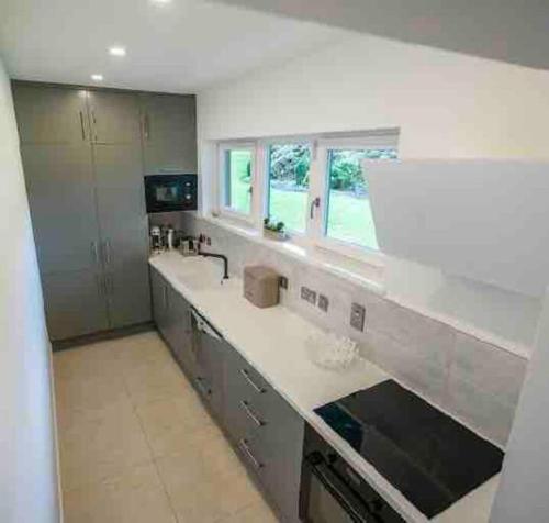 a kitchen with a white counter and a sink at Beautiful garden apartment with private patio and garden view in Dublin