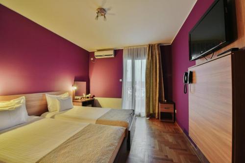 Vrnjačka Banja的住宿－Apartmani Lenka，酒店客房设有两张床和一台平面电视。