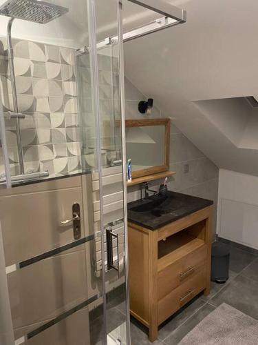 La salle de bains est pourvue d'un lavabo et d'une porte de douche en verre. dans l'établissement Gîte détente et relaxation, à La Bauche