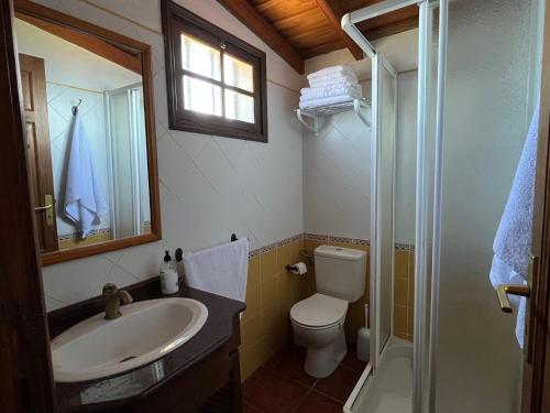 La salle de bains est pourvue d'un lavabo, de toilettes et d'une douche. dans l'établissement Casa Los Calderos, à Mazo