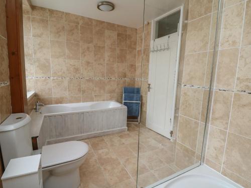 a bathroom with a toilet and a tub and a shower at Rowan Cottage in Builth Wells