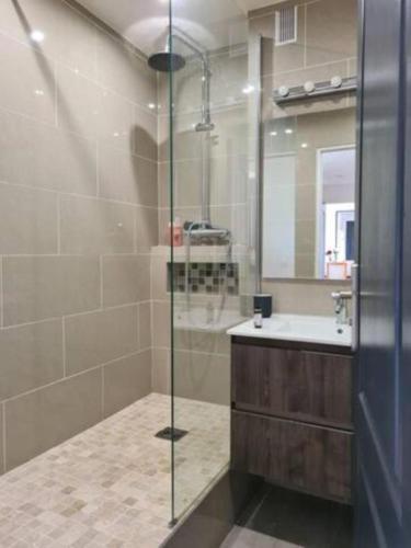 W łazience znajduje się szklana kabina prysznicowa i umywalka. w obiekcie Sunny and renovated flat in secure residence w mieście La Garenne-Colombes