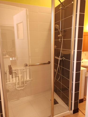 a shower with a glass door in a bathroom at Chez Irène in Mirande