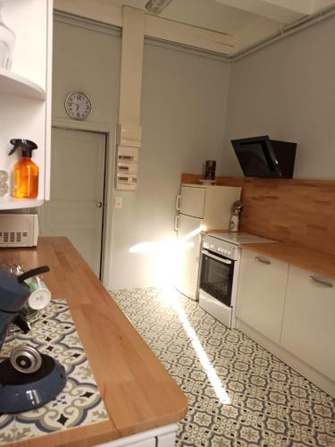 - une cuisine avec un comptoir et une cuisinière four supérieur dans l'établissement Chez Irène, à Mirande