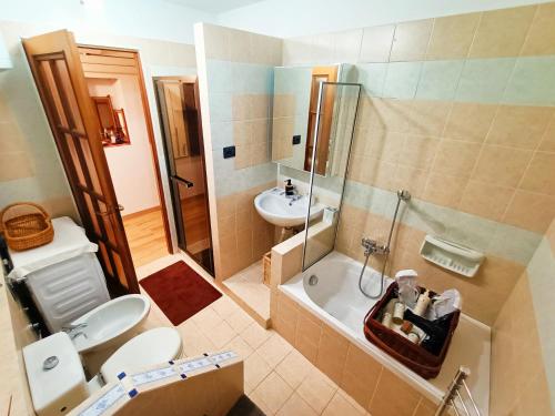 a bathroom with a toilet and a sink and a shower at casa Virginia nel borgo in Lierna