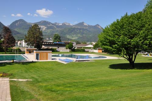 a yard with a swimming pool with mountains in the background at my Relaxs little Villa in Bludenz