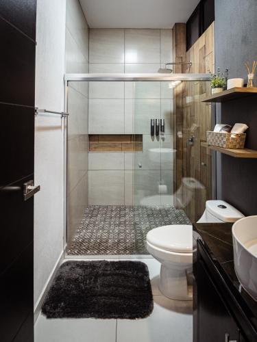 a bathroom with a shower with a toilet and a sink at Depas Mololoa in Tepic