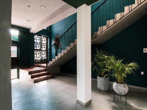 a person walking down a staircase in a house at Depas Mololoa in Tepic