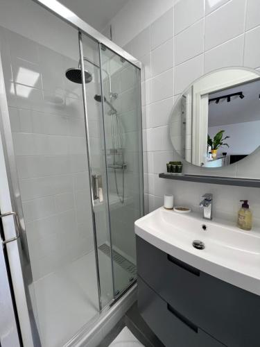 La salle de bains est pourvue d'une douche et d'un lavabo. dans l'établissement Le Patio d’Eymet, à Eymet