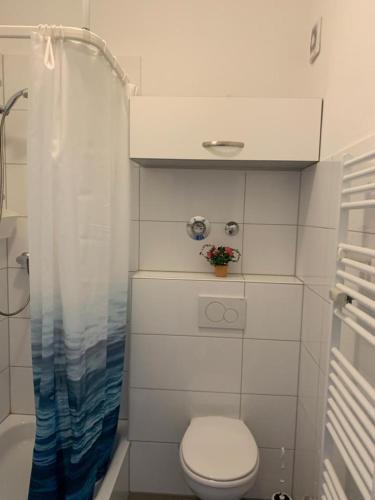 ein Bad mit einem WC und einem Duschvorhang in der Unterkunft Alles was man braucht, 1-Zimmer Wohnung in Dortmund