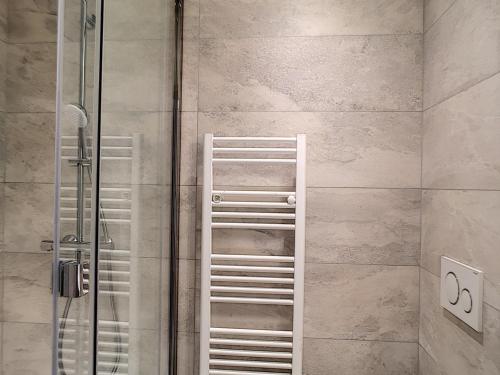une douche avec une porte vitrée dans une salle de bain dans l'établissement Appartement rénové proche centre station avec balcon - FR-1-346-325, à Arc 2000