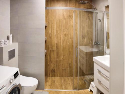La salle de bains est pourvue d'une douche, de toilettes et d'un lavabo. dans l'établissement Apartment Szwed-Sniadowskiej Residence, à Cracovie