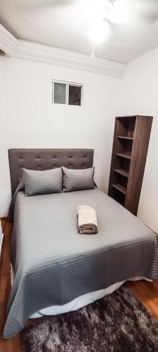 a bedroom with a large bed with a gray comforter at C.-Habitación con baño privado / Centro de Coyoacan in Mexico City