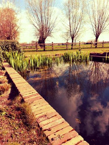 un étang avec un chemin en briques à côté d'une clôture dans l'établissement B&B De Geythoek, à Sijsele