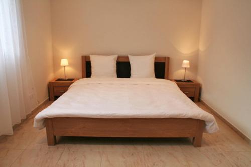 a bedroom with a large bed with two lamps on tables at Nest - Bundeststrasse 6-1br in Zug