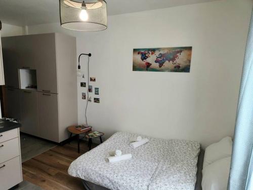 Pokój z łóżkiem i obrazem na ścianie w obiekcie Petit studio en plein centre-ville de Vendôme w mieście Vendôme