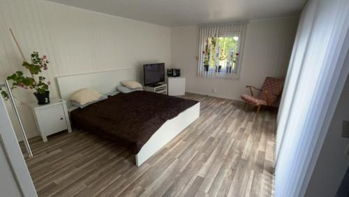 OrkelljungaにあるStuga paradisのベッドルーム(ベッド1台、テレビ付)