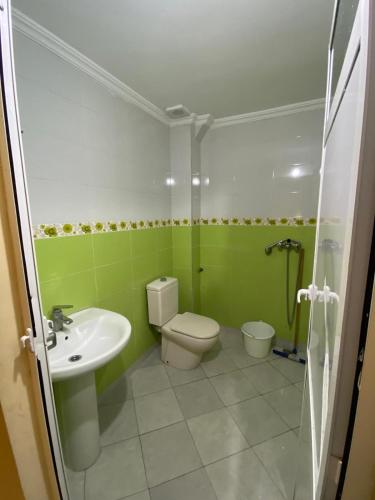 uma casa de banho verde com um WC e um lavatório em APARTAMENTO moulay boslham em Kenitra