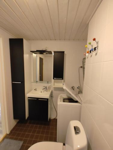 y baño con aseo blanco y lavamanos. en New studio near amenities, en Nilsiä