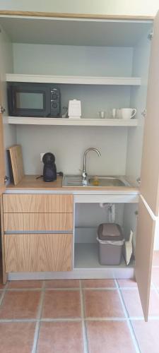 a kitchen with a sink and a microwave at Casas da Barra in Praia de Mira
