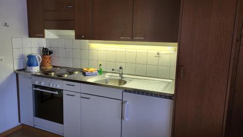 a small kitchen with a sink and a stove at Tgèsa Val in Sedrun