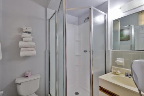 a bathroom with a shower and a toilet and a sink at Coastal Waters 110 - 1 Bedroom, 1st Floor Pool Side Condo in New Smyrna Beach