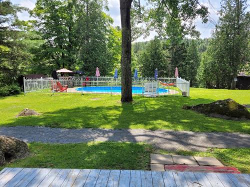 un arbre dans un parc avec une aire de jeux dans l'établissement Auberge Spa & Beaux Reves, à Sainte-Adèle