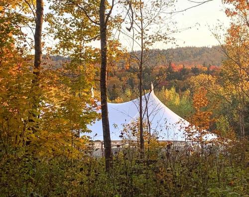 a white tent in the woods near a lake at BC Log cabin with private beach river fire pit AC wifi onsite trails ski slope views in Carroll
