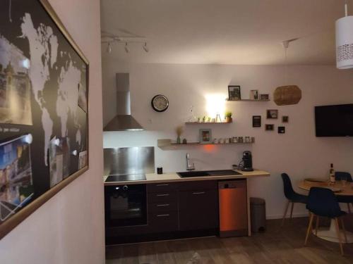 cocina con fogones y encimera en Appartement cosy au pied des Halles,Le Rossini, en Narbona