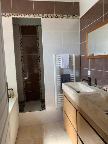 ein Bad mit einer Dusche, einem Waschbecken und einem Spiegel in der Unterkunft Villa 3ch piscine vue dégagée in Taradeau