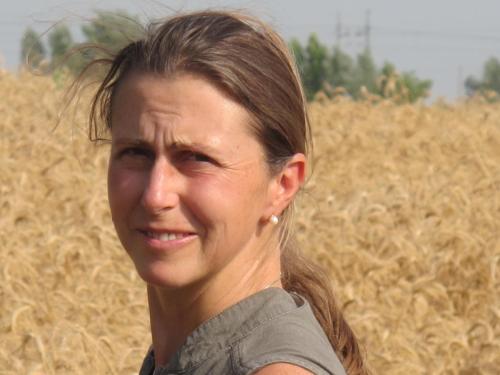 a woman standing in front of a field of hay at Palazzetto Ardi in Torri di Confine
