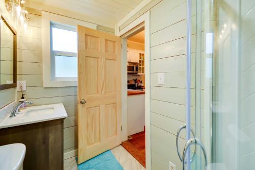a bathroom with a shower and a sink at Red Lodge Home on Broadway - 15 Min to Ski Resort! in Red Lodge