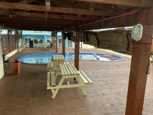 a group of benches sitting in front of a swimming pool at Alec's Hotel in Apia