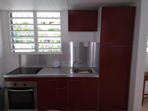 uma cozinha com armários vermelhos, um lavatório e uma janela em Case rouge em Les Abymes