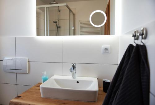 a bathroom with a white sink and a mirror at Bauernhof Höper-Rauert - Reihenhaus 7 in Neujellingsdorf