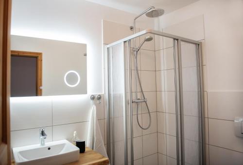 een badkamer met een douche en een wastafel bij Bauernhof Höper-Rauert - Reihenhaus 8 in Neujellingsdorf