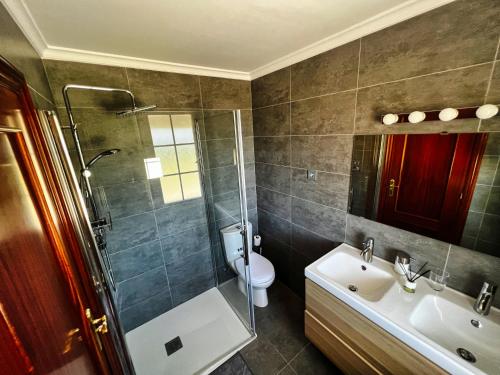 a bathroom with a shower and a toilet and a sink at La casuca de Logan in Castro-Urdiales