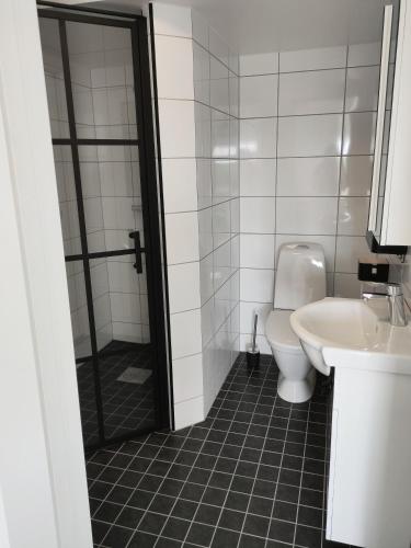 a bathroom with a toilet and a sink at Vingården i Arild in Arild