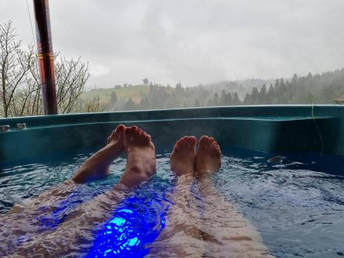 a persons feet in a pool of water at Мелодія Гір Вид на гори in Vorokhta
