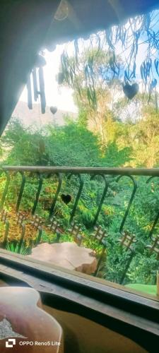 a view of a garden from a bus window at Cabaña en la Calera Cerezos in La Calera